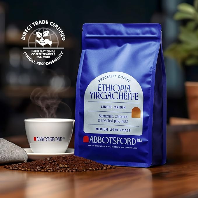 Ethiopia Yirgacheffe Ground Coffee, Medium-Light Roast Ground Coffee with Stone Fruit, Caramel & Toasted Pine Nuts, Specialty Coffee, Single Origin 12oz Bag, Perfect Flavored Ethiopian Coffee Gift