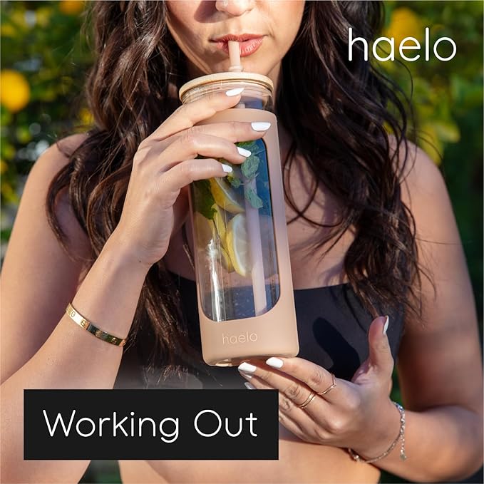 haelo 20oz Glass Tumbler Water Bottle, Iced Coffee Cup with Straw, Silicone Protective Sleeve, Bamboo Lid Reusable BPA Free (Amber)