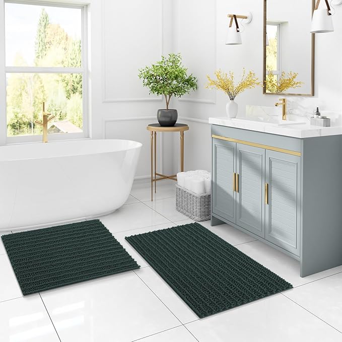 Arotive Luxury Chenille Bathroom Rug Mat, Extra Soft Thick Absorbent Shaggy Bath Rugs, Non-Slip Machine Wash Dry, Plush Bath Mats for Bathroom, Shower and Tub, 47x24, Dark Green
