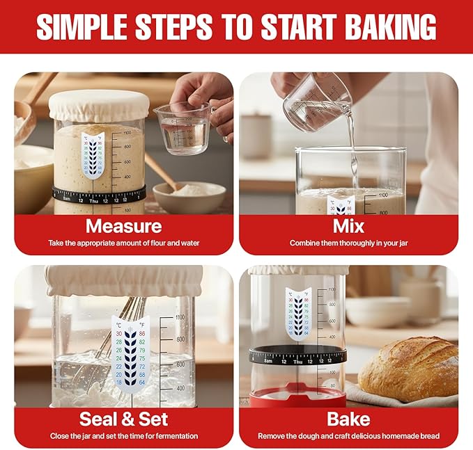 Sourdough Starter Kit, 40 Oz Sourdough Jar with Measuring Cup, Thermometer, Spatula, Dough Scraper, Bread Lame, Silicone Base & Cloth Cover, Feeding Band, Bread Baking Supplies for Bakers (40 Oz)