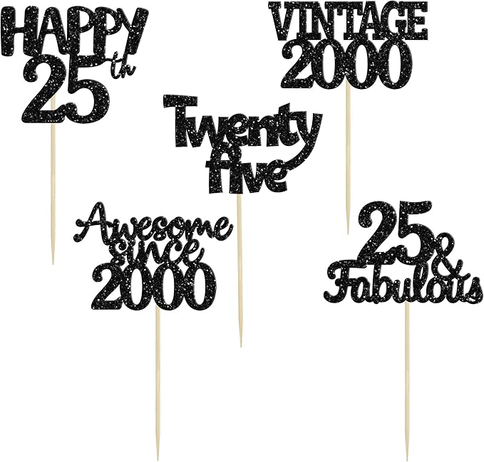 Gyufise 30Pcs Vintage 2000 Cupcake Toppers Glitter 25th Birthday Cake Decorations - Black