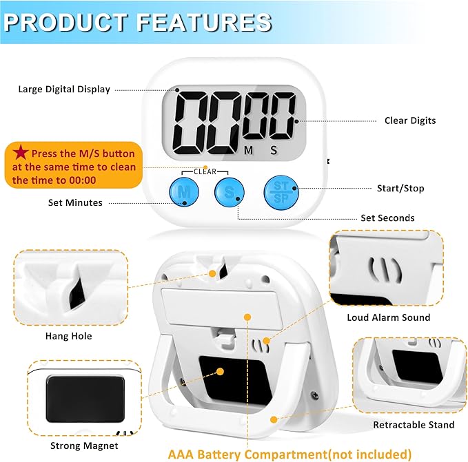 ZILLEEN Kitchen Timer Digital with Magnetic Back for Kids Classroom, White 12 Pack