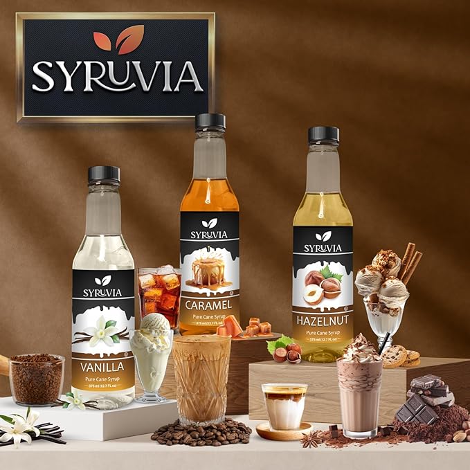Syruvia Caramel Coffee Syrup - 12.7 fl oz Premium Coffee Flavoring Syrup - Kosher Coffee Syrups, Gluten Free, No Coloring, Perfect for Drinks, Soda, Shakes, Desserts, and More.
