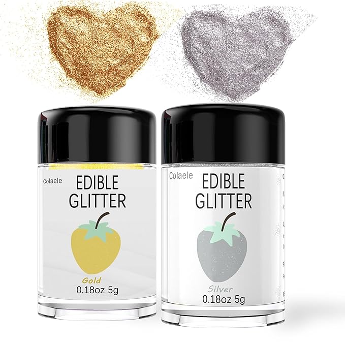 Gold Silver Edible Glitter Glimmer Powder for Cakes Drinks - Colaele 5 grams Food Grade Luster Dust Metallic Food Decorating Sprinkle Disco Brew Dust for Cake Decorations Wine Beverage Dessert, Vegan