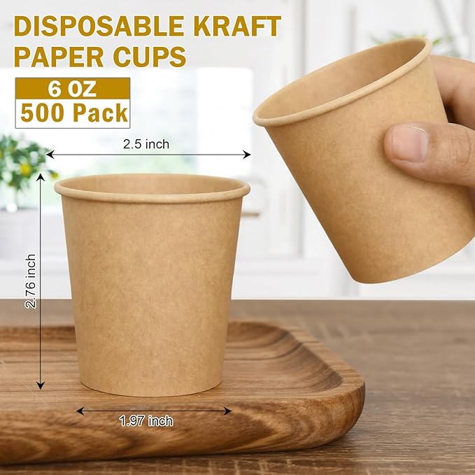 6 oz Kraft Paper Cups - 500 Pcs Disposable Paper Cups Hot Cold Beverage Drinking Cup for Coffee, Water, Tea, Juice, Espresso & Cortado