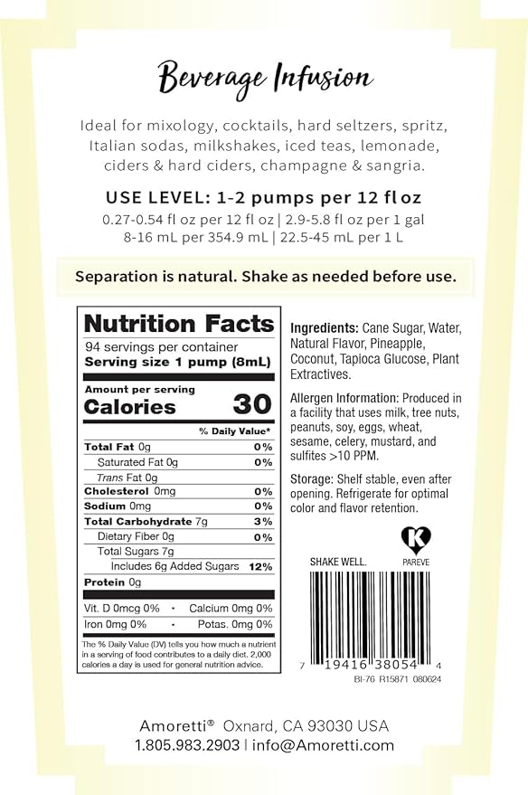 Amoretti - Pina Colada Beverage Infusion, (10 lbs) - Drink Mix & Water Enhancer with Pump for Flavoring Cocktails, Waters, Teas, Mocktails, and other Beverages, Preservative Free, Gluten Free
