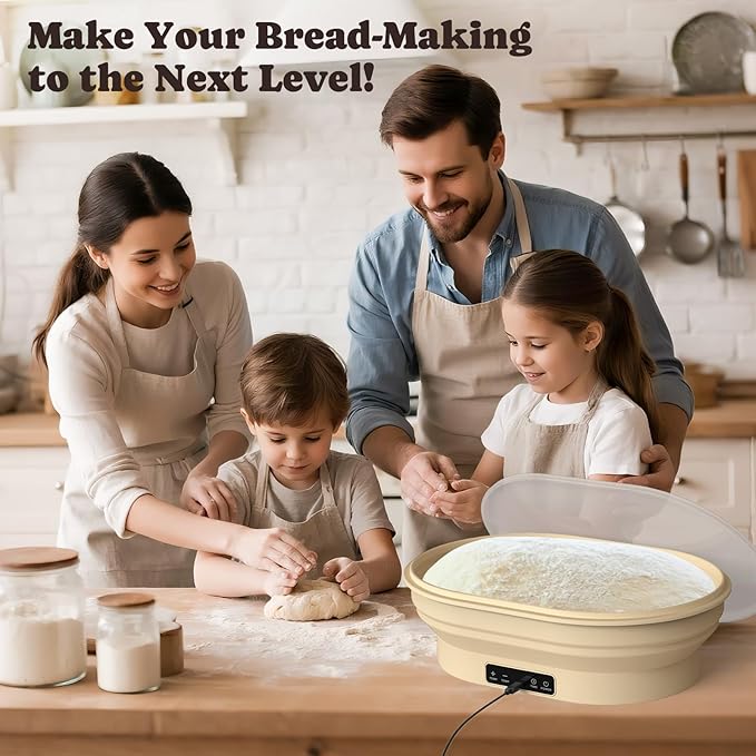 Heating Sourdough Bread Proofing Basket, 4L Electric Thermostatic Silicone Oval Banneton Proofing Bowl with 6 Timer & Temp Settings for Dough Rising, Dishwasher Safe, Foldable Sourdough Starter Bowl