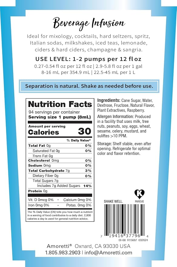 Amoretti - Blue Raspberry Beverage Infusion, 94 Servings Per Bottle (750 ml) - Drink Mix & Water Enhancer with Pump for Flavoring Cocktails, Waters, Teas, and other Beverages, Preservative Free