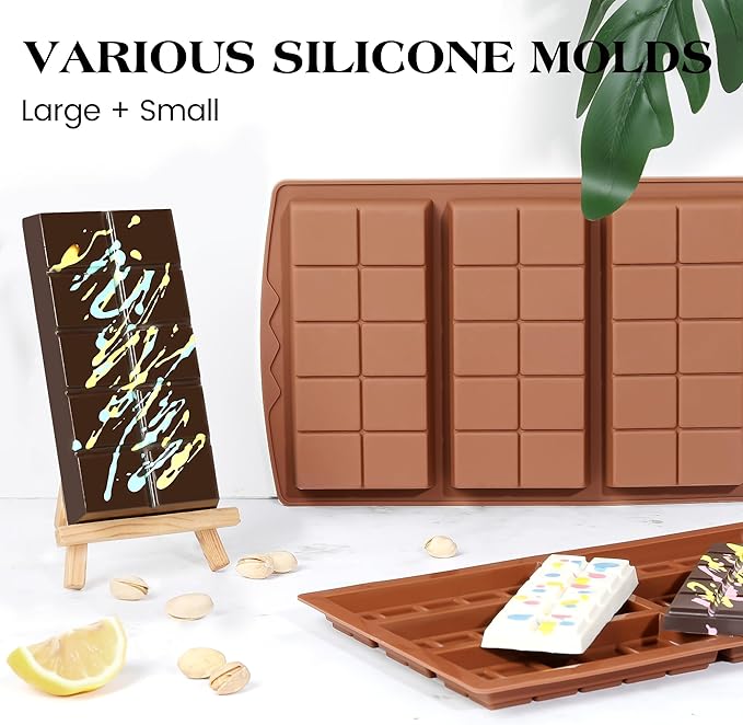 2 Pcs Chocolate Bar Mold Deep Dubai 0.85 Inch Stuffed Chocolate Molds Silicone Large Break Apart Silicone Molds (10 Snap + Pyramid)