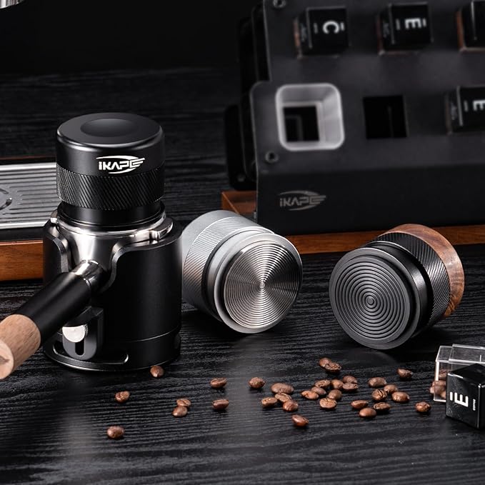 IKAPE 58MM Espresso Tamper, New Wooden Handle Design,Premium Barista Coffee Calibrated Tamper with Spring Loaded, 100% Stainless Steel Tamper Compatible with All 58MM Bottomless Portafilter