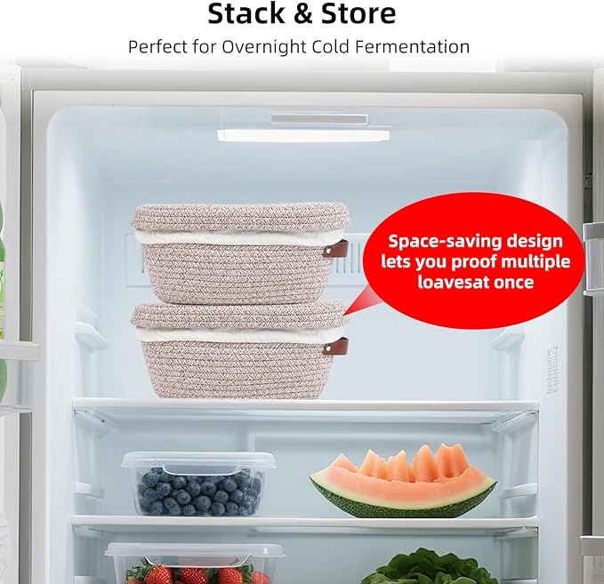 Stackable Cotton Banneton Proofing Basket Set– 9 inch Round Bread Basket x 2 With Cotton Lids, Sourdough Bread Baking Supplies, Pro-Level Bread Proofing Kit