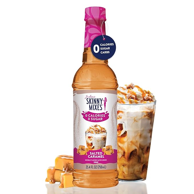 Jordan's Skinny Syrups Sugar Free Coffee Syrup, Salted Caramel Flavor Drink Mix, Zero Calorie Flavoring for Chai Latte, Protein Shake, Food & More, Gluten Free, Keto Friendly, 25.4 Fl Oz, (Pack of 1)