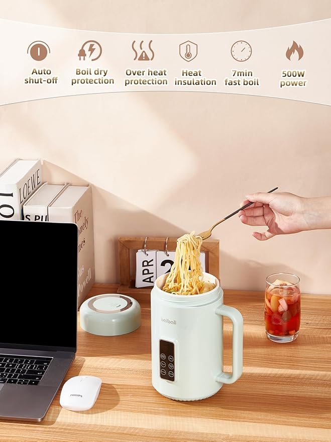 balbali Portable Electric Pot for Cooking Dorm Room - 28oz Non-stick Travel Electric Kettle, Mini Hot Pot with Temperature and Time Control - Self Heating Soup/Rice/Ramen Cooker/Warmer Green