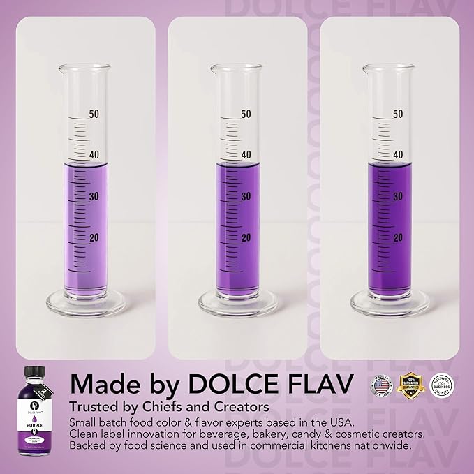 Dolce Flav Natural Purple Food Coloring β 2 oz Liquid Dye from Red Radish & Huito with Graduated Dropper | Water-Soluble | For Baking, Drinks & Frostings | Kosher | Made in USA
