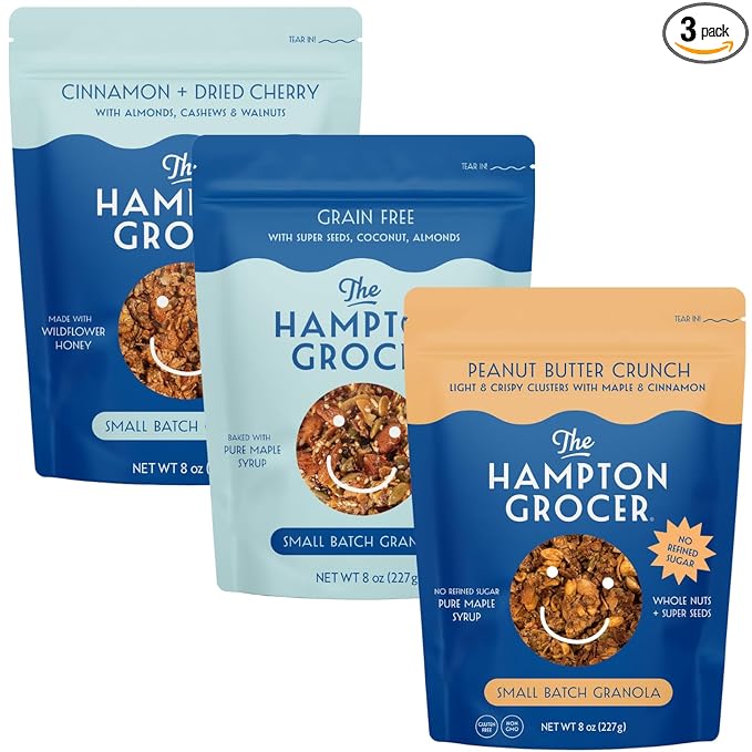 The Hampton Grocer Best Sellers Granola Variety Pack, 3 pack - Includes Peanut Butter Crunch, Super Seed, and Cinnamon & Dried Cherry Granolas - Loaded with Whole Nuts & Super Seeds, Crunchy, Small-Batch, 8oz