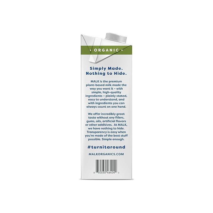 MALK Shelf Stable Organic Unsweetened Almond Milk - 32 Fl oz - Non GMO - Gum Free, No Fillers, Oil Free