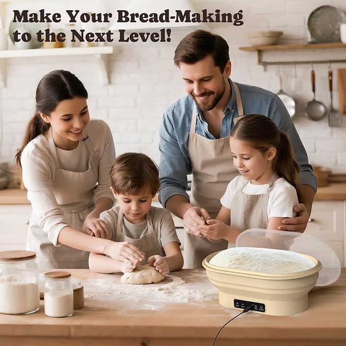 Heating Complete Sourdough Starter Kit, 2L Electric Thermostatic Silicone Oval Foldable Banneton Bread Proofing Basket with 6 Timer & Temp Settings for Dough Rising, Dishwasher Safe, Bread Making Kit