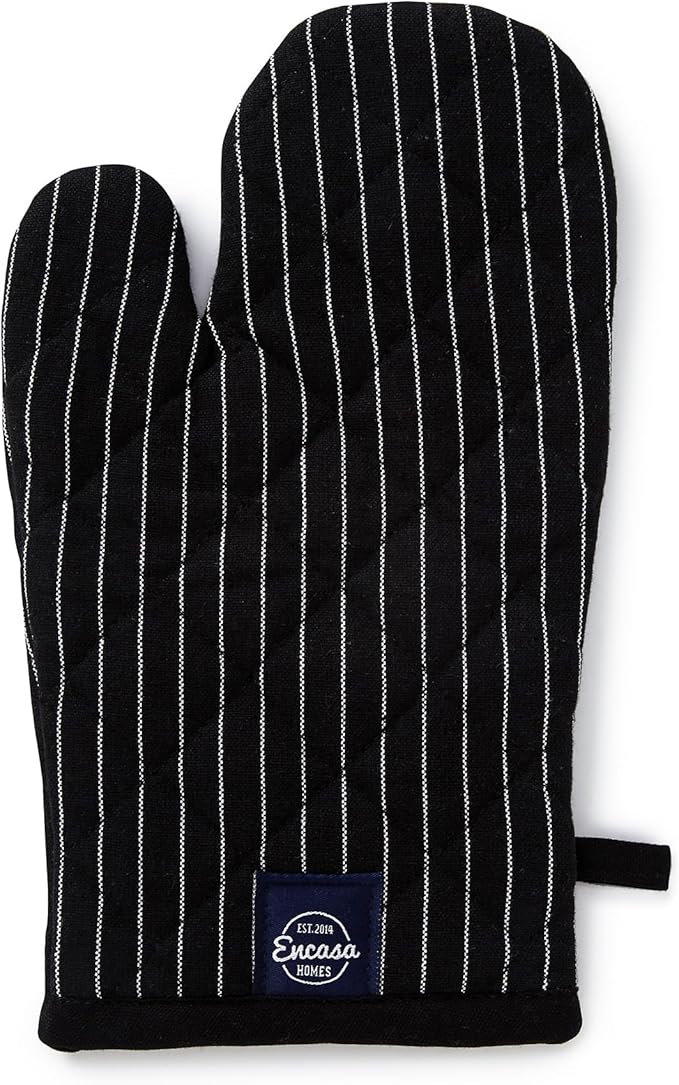 Encasa Homes Long 12" Oven Microwave Hand Gloves Mitts (2 pc Set) for Kitchen Cooking & Baking - Heat Resistant, Thick & Safe, Protection of Hands from Hot Utensils - Butcher Stripes Black