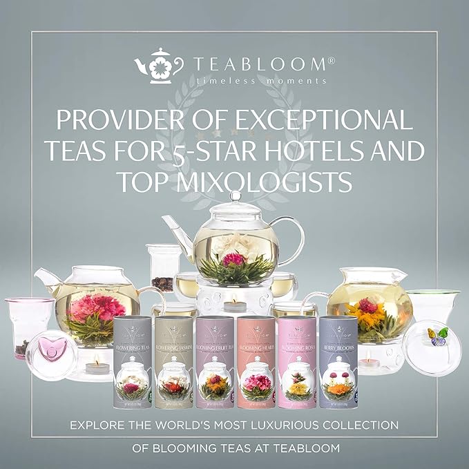 Teabloom Complete Tea Set – Glass Teapot (40 oz), Loose Tea Glass Infuser, 4 Insulated Glass Teacups, Tea Warmer, and 12 Flowering Teas – Elegant Blooming Tea Gift Set