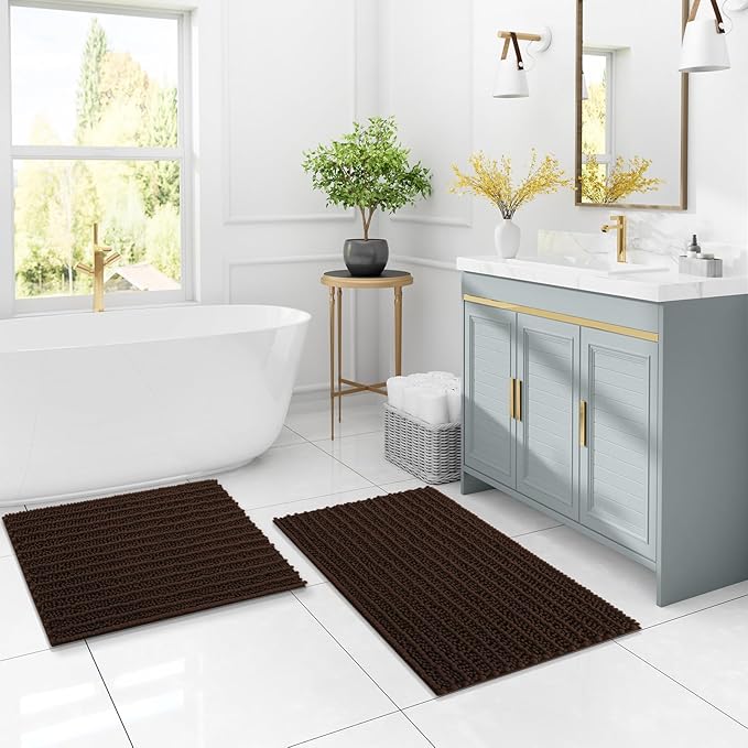 Arotive Luxury Chenille Bathroom Rug Mat, Extra Soft Thick Absorbent Shaggy Bath Rugs, Non-Slip Machine Wash Dry, Plush Bath Mats for Bathroom, Shower and Tub, 47x20, Brown