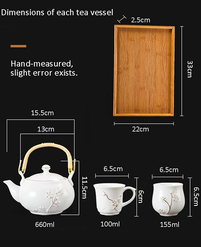 KEYDUACU Japanese Tea Set, Kiln-Formed Ceramic TeaSet, Plum Blossom Embossed, Includes 1 Teapot, 6 Teacups,Tea Tray,Strainer, Used for home, outdoor, gift, Chinese Kung Fu Tea Sets(FDMH-CYAN-MU)
