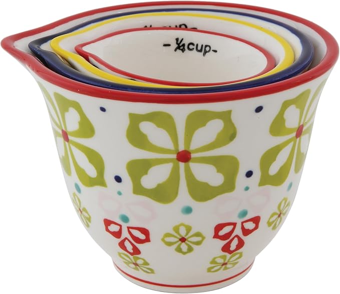 Creative Co-Op Floral Hand Stamped Stoneware Measuring Cups (Set of 4 Sizes/Designs)