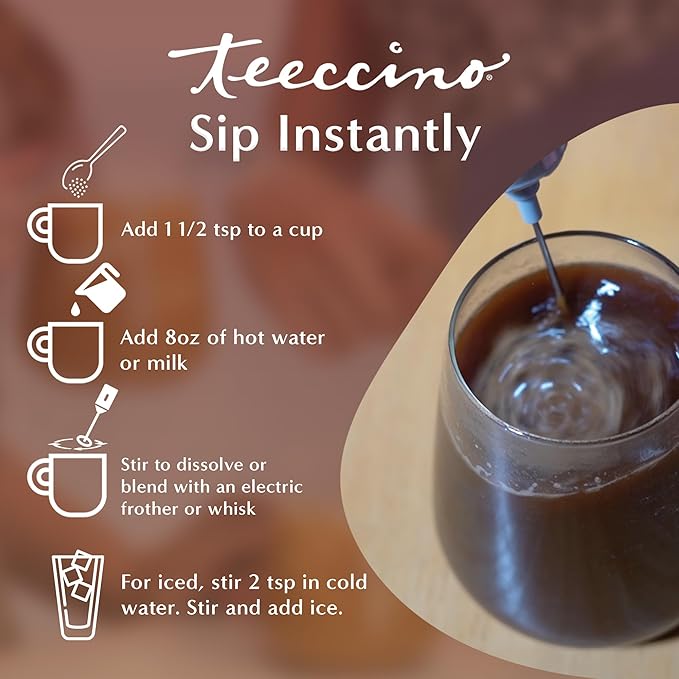 Teeccino Instant Organic Mocha Herbal Coffee– 33 servings – Instant Chicory Coffee Alternative with Lush Chocolate Slightly Sweetened by Dates That’s Prebiotic, Caffeine-Free & Acid Free - 3.53 ounces