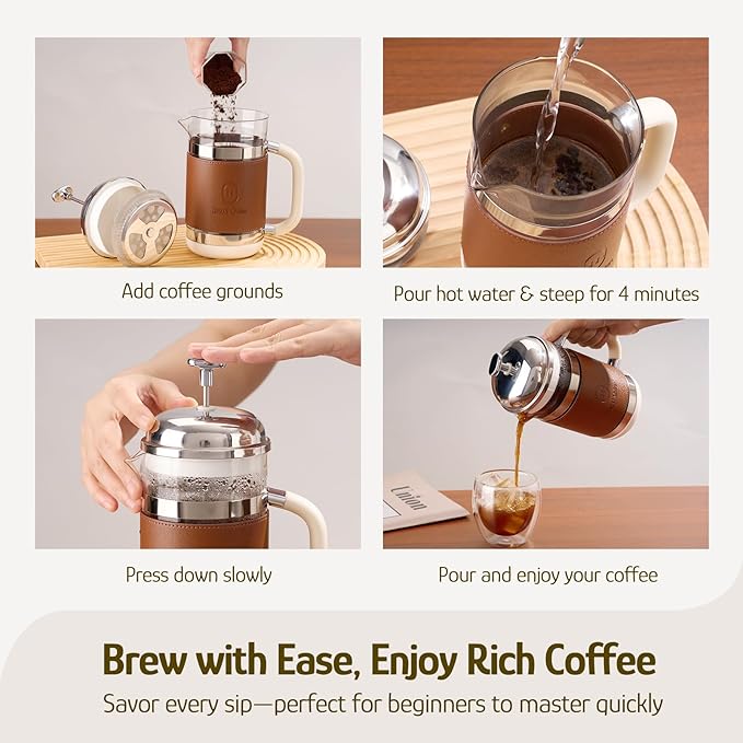 Hazel Quinn French Press Coffee Maker, 450ml/15oz, Heat-Resistant Borosilicate Glass, 304 Stainless Steel, BPA-Free, Easy to Clean, Precision Filtration for Coffee & Tea, Ideal for Home, Travel