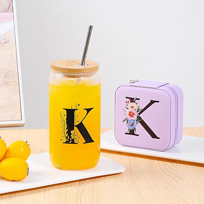 AYGXU Travel essential jewelry box,16oz Glass Cups with Bamboo Lids and Straws set,Personalized Jewelry Boxes for Women Girls,Travel Gifts for Women,Birthday Gifts for Girls,Initial G purple