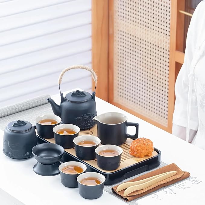 ICHAG Chinese Tea Set, Japanese Tea Sets for Adults, 15-Piece Porcelain Gongfu Tea Set with Tea Pet & Tea Tray, Japanese Teapot Set, Travel Tea Party Set, for Home/Office/Outdoor/Gifts (Black)