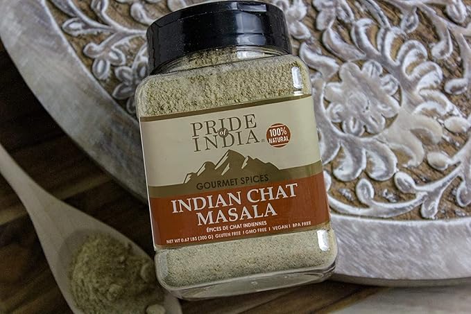 Pride of India – Indian Chat Masala Seasoning Spice – Ideal for Savory Dishes – Perfect Seasoning for Drinks/Salads/Fruits – Preservatives Free – Easy to Store – 8oz. Medium Dual Sifter Jar