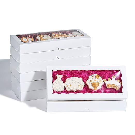 24PCS 12 x 5 x 1.5 inches Auto-Popup One Piece Premium Macaron Boxes for 12, Cookie Boxes for Gift Giving, Bakery Box for Holiday Cookie Gift Sets