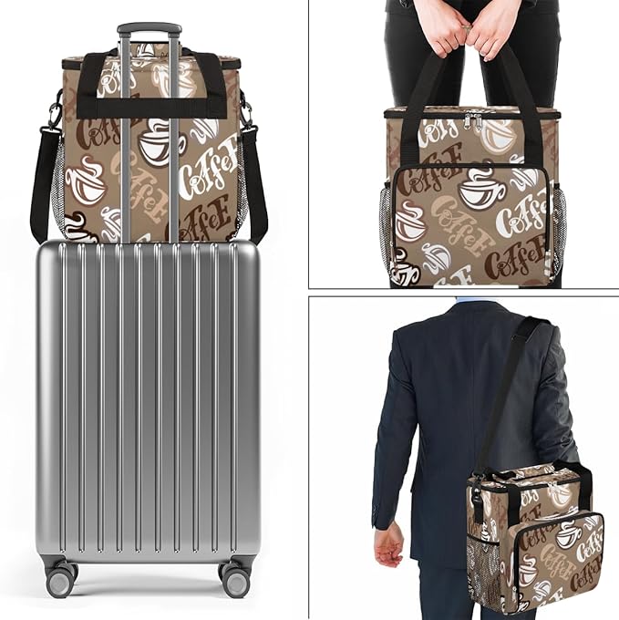 Coffee Time Coffee Maker Carring Bag Hand Drawn Coffee Travel Carrying Storage Tote Bag Compatible with Keurig K-Mini or K-Mini Plus Portable Single Serve Coffee Brewer Case with Pockets for K-cup Pods