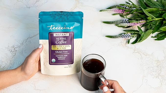 Teeccino Instant Organic Dandelion Blend – 33 servings – Gluten Free Instant Microground Herbal Coffee with Chicory & Dandelion Roots That’s Prebiotic, Caffeine-Free, and Acid-Free – 3.5 ounces