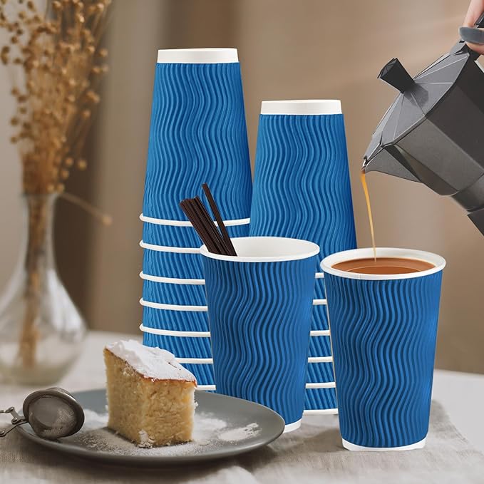 80 Pack 16 oz Disposable Coffee Cups with Lids and Straws, Insulated Ripple Wall To Go Paper Coffee Cups for Coffee, Hot Chocolate and Hot Tea Drinks - Navy