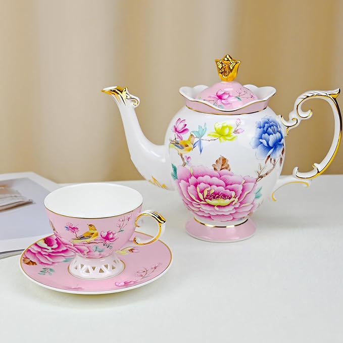 ACMLIFE Tea Set for Adults- Fine China Tea Set for 6, 21-Piece Vintage Coffee Set English Porcelain Tea Pot Sets for Adult Tea Party for Women Gift (Pink, Extra Large 21)