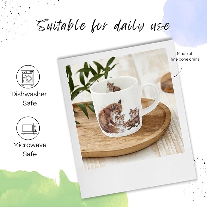 Royal Worcester Wrendale Designs 14 oz Mug, Bedtime Kisses - Fine Bone China with Fox Family Motif - Woodland Themed Tea Mug for Cozy Cottagecore Homes - Safe Ceramic Drinkware for Daily Use