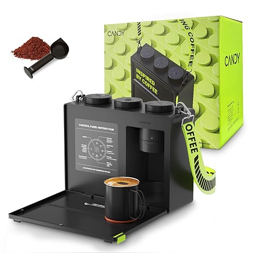 Candyโข Portable Espresso Coffee Maker with Strap for Travel, 3 in 1 One-Touch Operation, Rechargeable Up to 60 Cups(Cold), for Ground, Ideal for Camping, RV & Outdoor Use, Fast Heating in Plug-in Mode