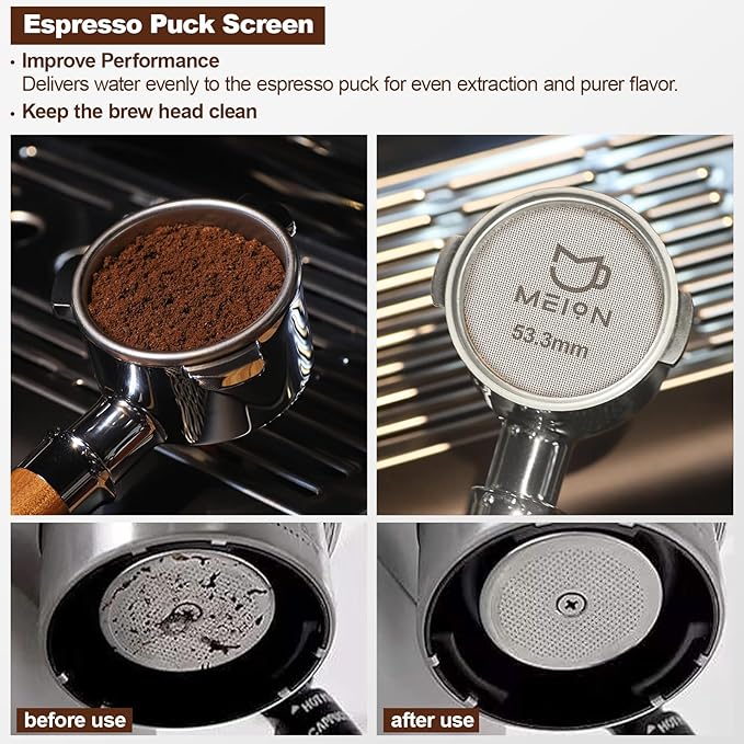 MEION 54mm Espresso Dosing Funnel and Puck Screen Set for 54mm Breville Portafilters, Magnetic Coffee Funnel, Reusable 53.3mm Espresso Puck Screen, Espresso Tools Espresso Accessories (54mm, Black)