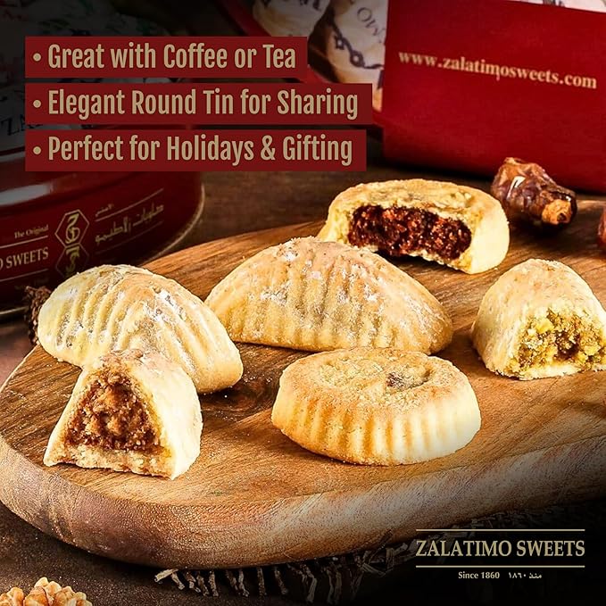 Zalatimo Sweets Since 1860, 100% All Natural Assorted Baklava, Slightly Sweet Baklava in Square Metal Gift Tin, No Preservatives, No Additives, No Corn Starch, No Syrups! 1.8Lbs