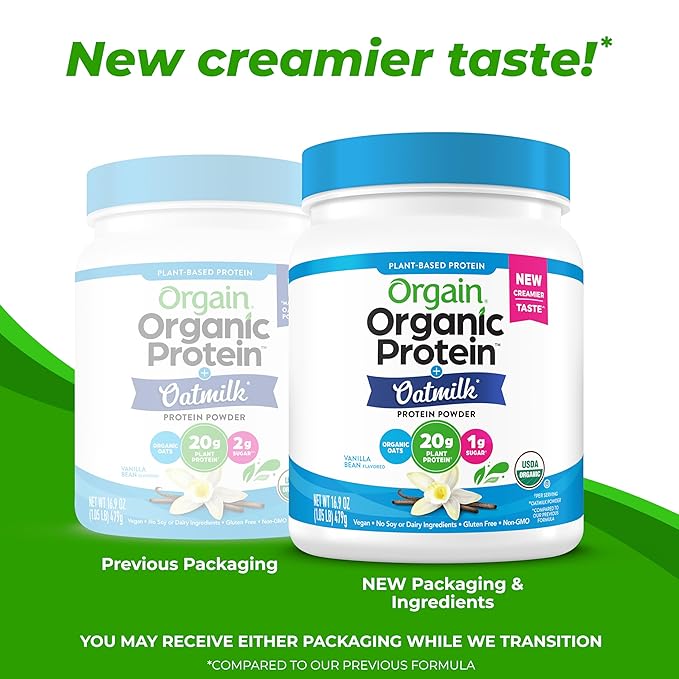 Orgain Organic Vegan Protein Powder + Oat Milk, Vanilla Bean - 20g Plant Based Protein, Gluten Free, No Dairy, Soy or Lactose Ingredients, Low Sugar, Non-GMO, Kosher, For Shakes & Smoothies - 1.05lb