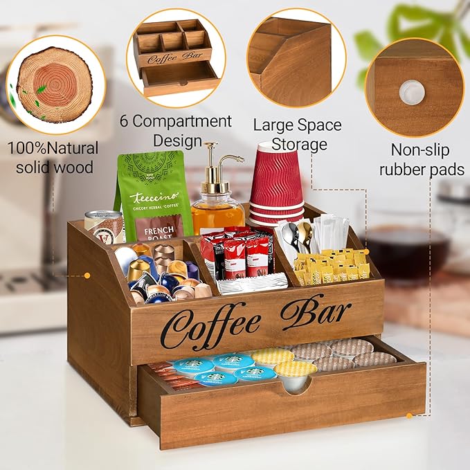 Coffee Bar Organizer Countertop, Wooden Bar Accessories With Drawer, Coffee Station Organizer Pods Holder Storage Basket, Farmhouse Tea Condiment Station