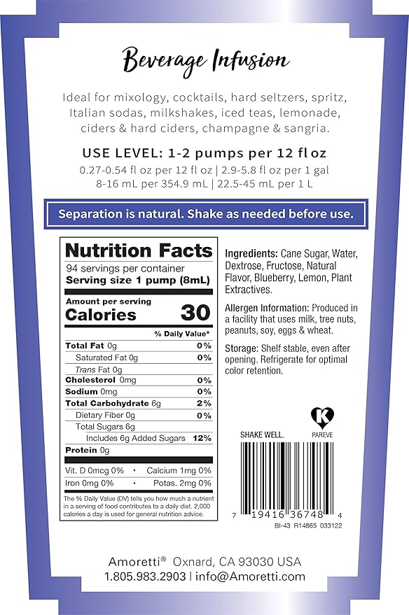 Amoretti - Blueberry Lemonade Beverage Infusion Drink Mix & Water Enhancer with Pump for Flavoring Cocktails, Waters, Teas, and other Beverages, 94 Servings Per Bottle (750 ml), Preservative Free