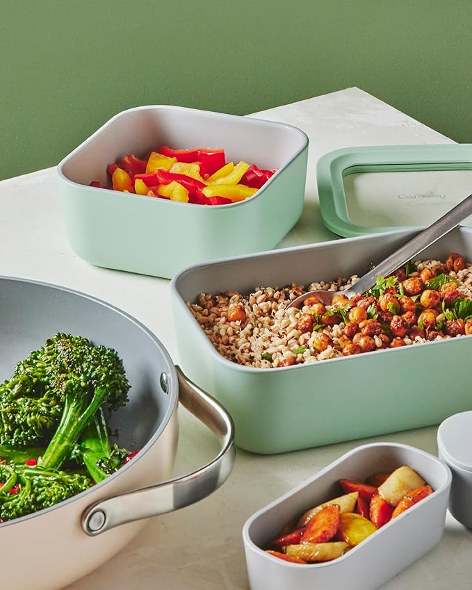 Caraway 2pc Glass Food Storage Set - 4.4 Cup Food Containers (2) - Ceramic Coated - Non Toxic, Non Stick Lunch with Lids - Dishwasher, Oven, & Microwave Safe - Mist