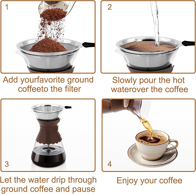 34oz Pour Over Coffee Maker with Double Layer Stainless Steel Filter, Borosilicate Glass Dripper, Detachable Heat-Resistant Leather Pad 7-8 Cups Coffee Maker Carafe(Dark brown)