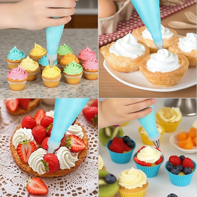 Piping Bags and Tips Set, Reusable Cake Decorating Kit with 6 Icing Tips, 2 Reusable Pastry Bags, 2 Converters, 2 Bag Ties, 3 Scrapers, Beginner-Friendly Baking Supplies for Cupcakes, Cookies