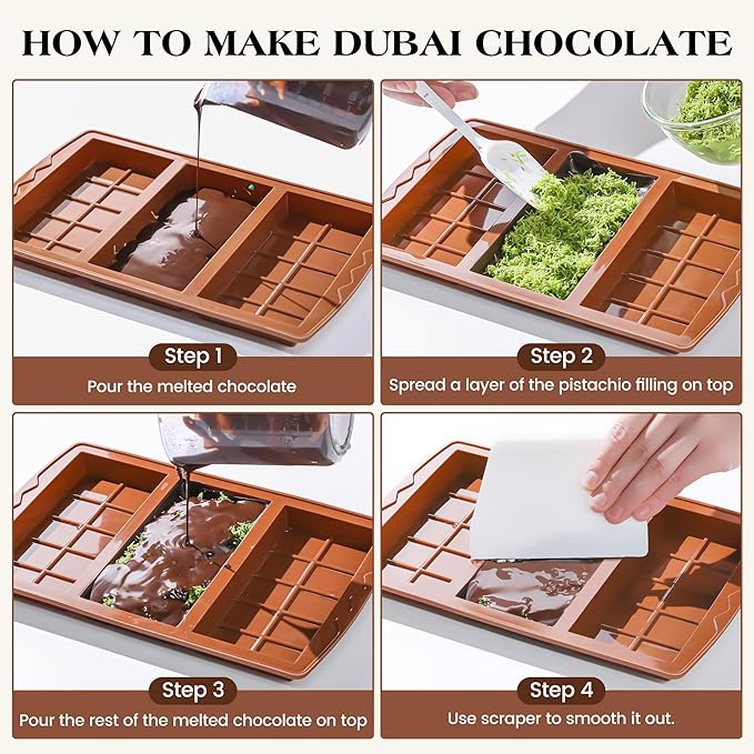 2 Pcs Dubai Chocolate Bar Mold Deep Stuffed Silicone Molds for Filling Knafeh Pistachio Chocolate Bar Large Thick Candy Bar Molds Break Apart (10 Snap)