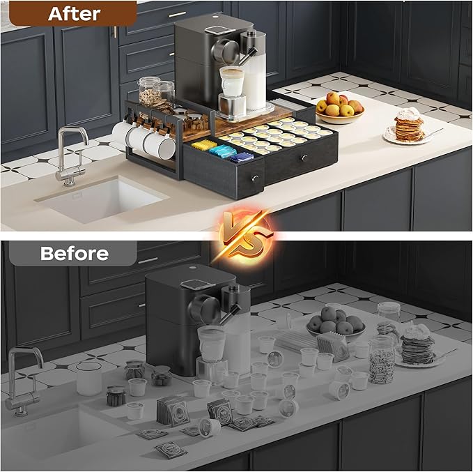 Homeiju Coffee Pod Drawers - K Cup Organizer, Nespresso Pods Holder with Mug Rack, Coffee Holder for Countertop, 52 Capacity Pods, Suitable for Kitchens, Offices and Coffee Bars(Patent Pending)