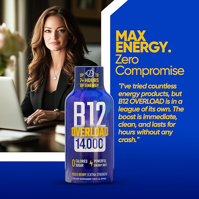 B12 Overload Extra Strength Energy Shot – Mixed Berry – 260mg Caffeine, 14000% B12, Electrolytes – Energy & Vitality Support – Zero Sugar No Calories – Vegan, Kosher, Gluten-Free – 1.93 fl oz, 48-Pack