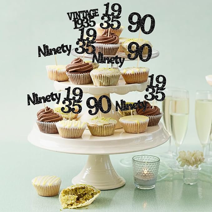 Gyufise 24Pcs Vintage 1935 Cupcake Toppers Glitter Cheers to 90 Fabulous Ninety Cupcake Picks 90th Birthday Wedding Anniversary Party Cake Decorations Supplies Black